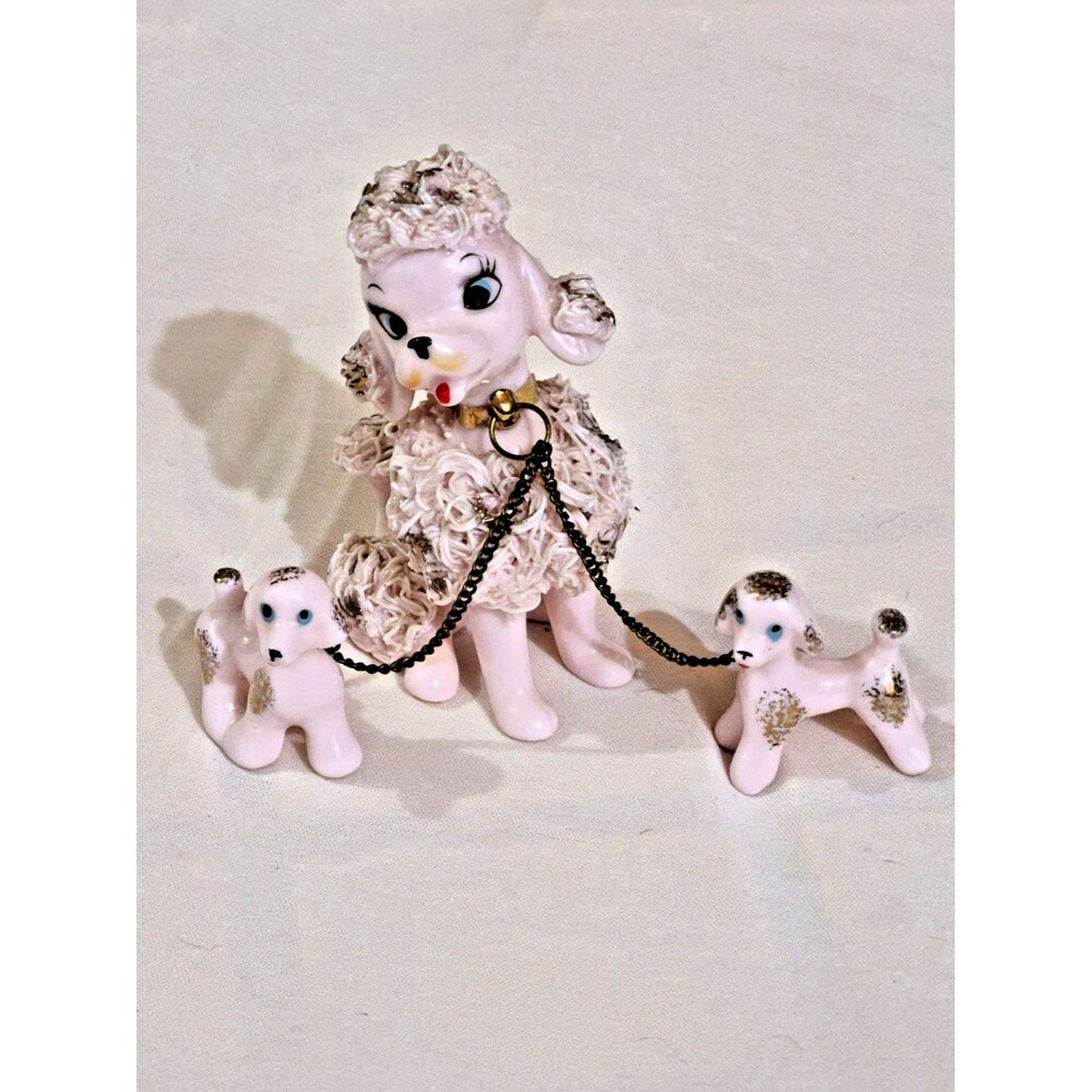 Vintage Pink & White Spaghetti Poodle w/Roses & 2 Puppies, Life-Like Blue Eyes